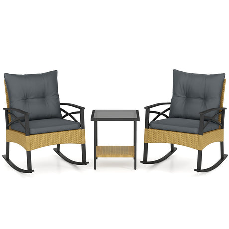 Conjunto de 3 mecedoras de ratán para exterior con mesa auxiliar de 2 niveles para jardín y patio trasero