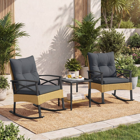 Conjunto de 3 mecedoras de ratán para exterior con mesa auxiliar de 2 niveles para jardín y patio trasero