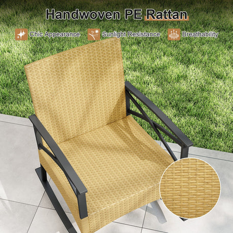 Conjunto de 3 mecedoras de ratán para exterior con mesa auxiliar de 2 niveles para jardín y patio trasero