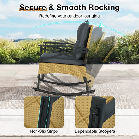 Conjunto de 3 mecedoras de ratán para exterior con mesa auxiliar de 2 niveles para jardín y patio trasero