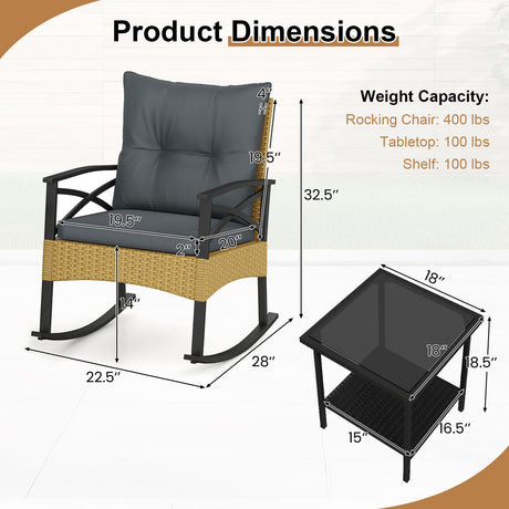 Conjunto de 3 mecedoras de ratán para exterior con mesa auxiliar de 2 niveles para jardín y patio trasero