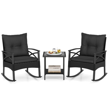 Conjunto de 3 mecedoras de ratán para exterior con mesa auxiliar de 2 niveles para jardín y patio trasero