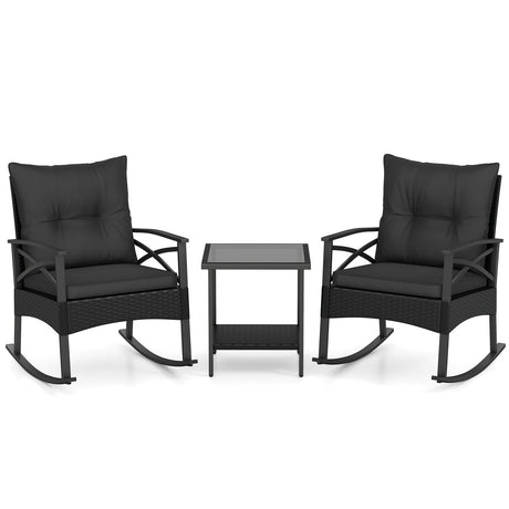 Conjunto de 3 mecedoras de ratán para exterior con mesa auxiliar de 2 niveles para jardín y patio trasero
