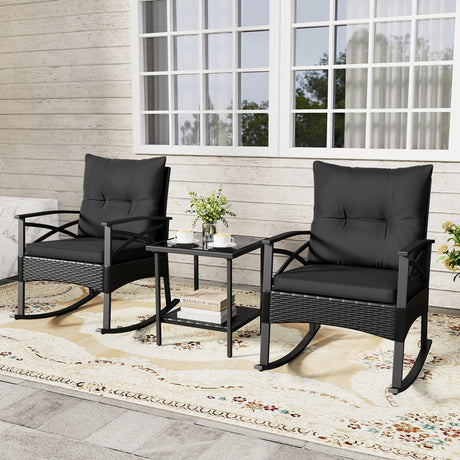 Conjunto de 3 mecedoras de ratán para exterior con mesa auxiliar de 2 niveles para jardín y patio trasero