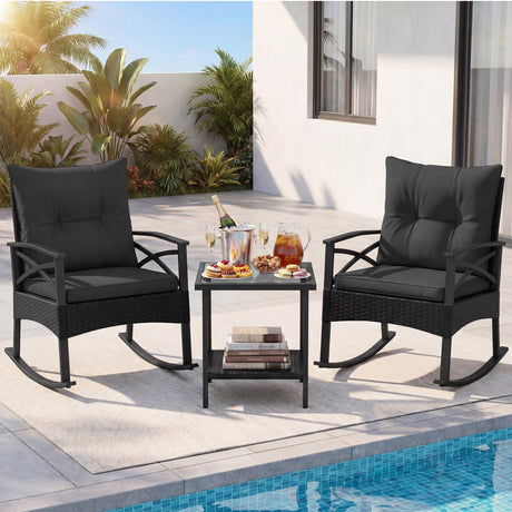Conjunto de 3 mecedoras de ratán para exterior con mesa auxiliar de 2 niveles para jardín y patio trasero