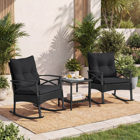 Conjunto de 3 mecedoras de ratán para exterior con mesa auxiliar de 2 niveles para jardín y patio trasero