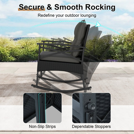 Conjunto de 3 mecedoras de ratán para exterior con mesa auxiliar de 2 niveles para jardín y patio trasero