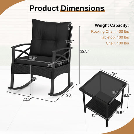 Conjunto de 3 mecedoras de ratán para exterior con mesa auxiliar de 2 niveles para jardín y patio trasero
