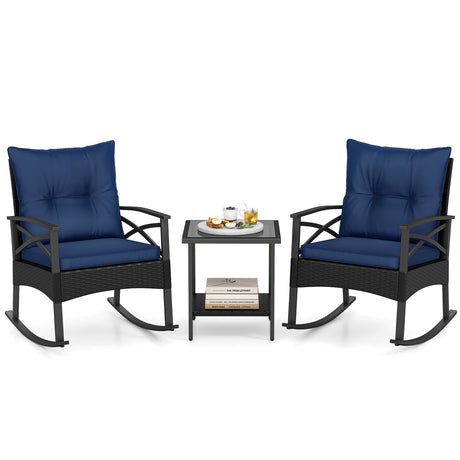 Conjunto de 3 mecedoras de ratán para exterior con mesa auxiliar de 2 niveles para jardín y patio trasero