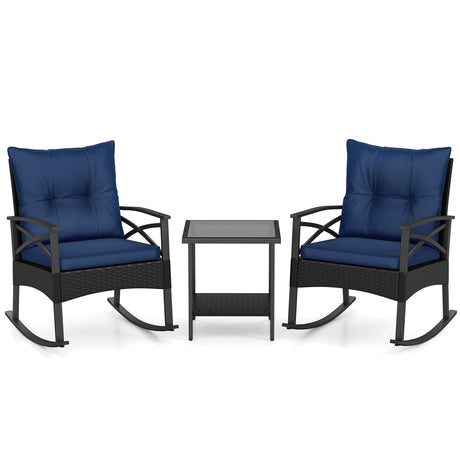 Conjunto de 3 mecedoras de ratán para exterior con mesa auxiliar de 2 niveles para jardín y patio trasero
