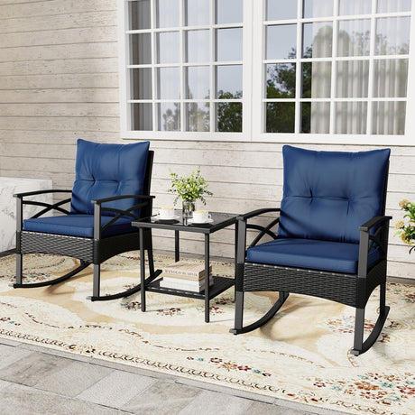 Conjunto de 3 mecedoras de ratán para exterior con mesa auxiliar de 2 niveles para jardín y patio trasero