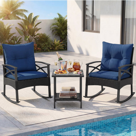 Conjunto de 3 mecedoras de ratán para exterior con mesa auxiliar de 2 niveles para jardín y patio trasero