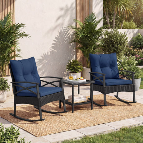 Conjunto de 3 mecedoras de ratán para exterior con mesa auxiliar de 2 niveles para jardín y patio trasero