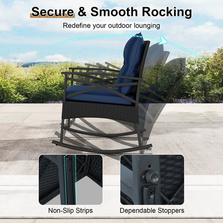 Conjunto de 3 mecedoras de ratán para exterior con mesa auxiliar de 2 niveles para jardín y patio trasero