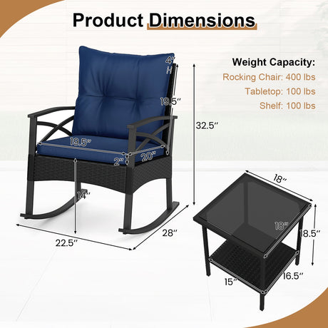 Conjunto de 3 mecedoras de ratán para exterior con mesa auxiliar de 2 niveles para jardín y patio trasero