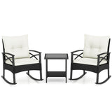 3 Pieces Outdoor Rattan Rocking Chairs Set with 2-Tier Side Table for Garden Backyard