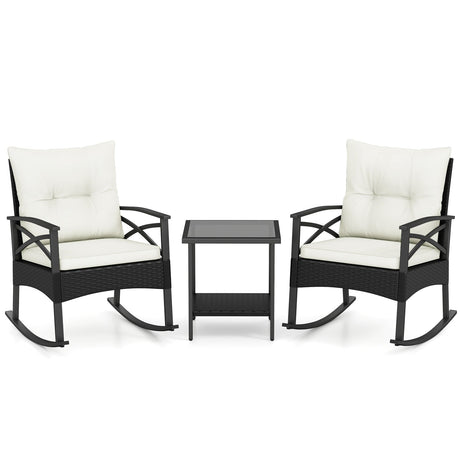 Conjunto de 3 mecedoras de ratán para exterior con mesa auxiliar de 2 niveles para jardín y patio trasero