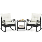 3 Pieces Outdoor Rattan Rocking Chairs Set with 2-Tier Side Table for Garden Backyard