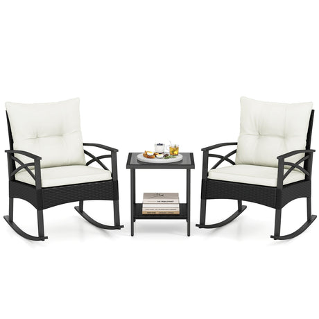 Conjunto de 3 mecedoras de ratán para exterior con mesa auxiliar de 2 niveles para jardín y patio trasero