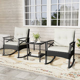 3 Pieces Outdoor Rattan Rocking Chairs Set with 2-Tier Side Table for Garden Backyard