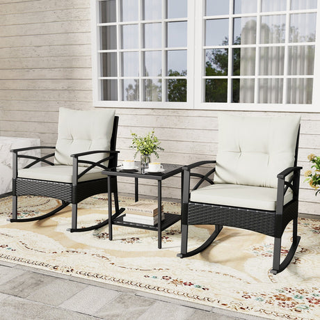 Conjunto de 3 mecedoras de ratán para exterior con mesa auxiliar de 2 niveles para jardín y patio trasero