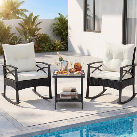 Conjunto de 3 mecedoras de ratán para exterior con mesa auxiliar de 2 niveles para jardín y patio trasero