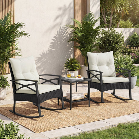Conjunto de 3 mecedoras de ratán para exterior con mesa auxiliar de 2 niveles para jardín y patio trasero