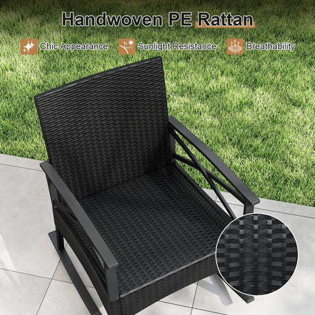 Conjunto de 3 mecedoras de ratán para exterior con mesa auxiliar de 2 niveles para jardín y patio trasero