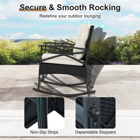 Conjunto de 3 mecedoras de ratán para exterior con mesa auxiliar de 2 niveles para jardín y patio trasero