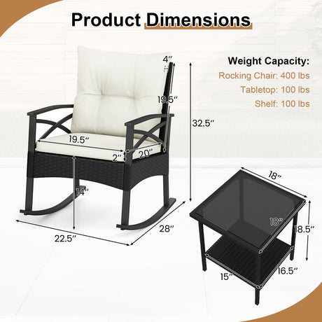 Conjunto de 3 mecedoras de ratán para exterior con mesa auxiliar de 2 niveles para jardín y patio trasero