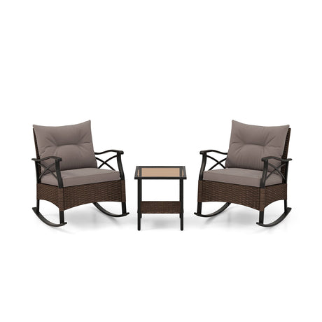 Conjunto de 3 mecedoras de ratán para exteriores con mesa auxiliar de 2 niveles para jardín/patio trasero - Marrón