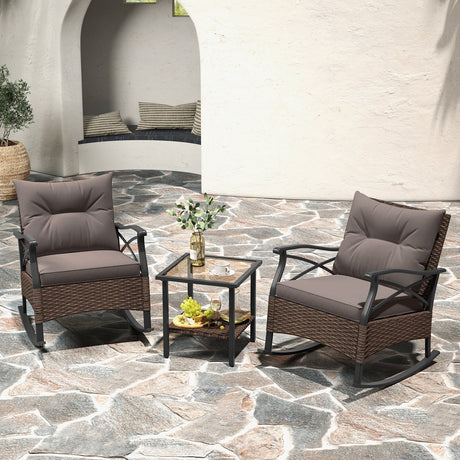 Conjunto de 3 mecedoras de ratán para exteriores con mesa auxiliar de 2 niveles para jardín/patio trasero - Marrón