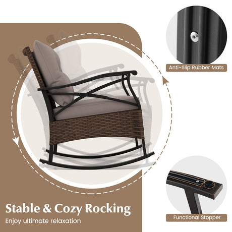 Conjunto de 3 mecedoras de ratán para exteriores con mesa auxiliar de 2 niveles para jardín/patio trasero - Marrón