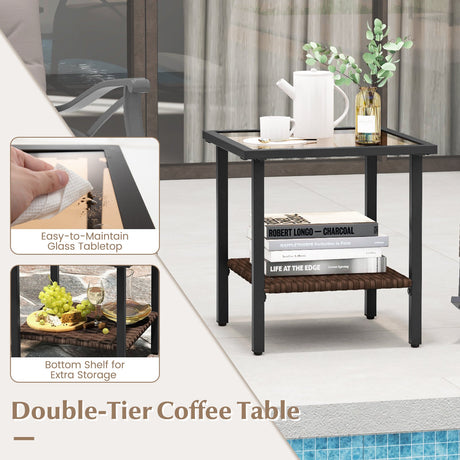 Conjunto de 3 mecedoras de ratán para exteriores con mesa auxiliar de 2 niveles para jardín/patio trasero - Marrón