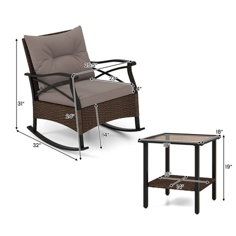 Conjunto de 3 mecedoras de ratán para exteriores con mesa auxiliar de 2 niveles para jardín/patio trasero - Marrón