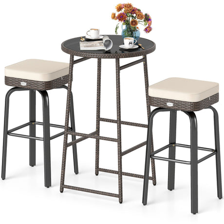 Juego de 3 piezas de bar giratorio para exteriores, mesa de altura de bar de ratán PE con 2 sillas - Blanco