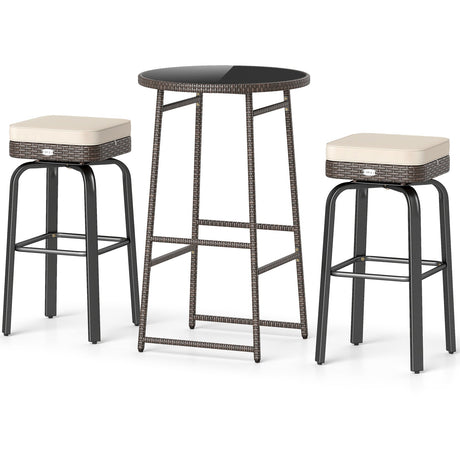 Juego de 3 piezas de bar giratorio para exteriores, mesa de altura de bar de ratán PE con 2 sillas - Blanco