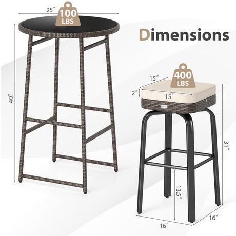 Juego de 3 piezas de bar giratorio para exteriores, mesa de altura de bar de ratán PE con 2 sillas - Blanco
