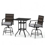 3 Pieces Outdoor Swivel Bar Set High Top Patio Bar Table and Rattan Wicker Chairs