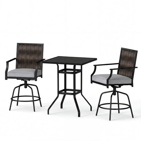 Juego de bar de exterior giratorio de 3 piezas, mesa alta de bar para patio y sillas de mimbre de ratán