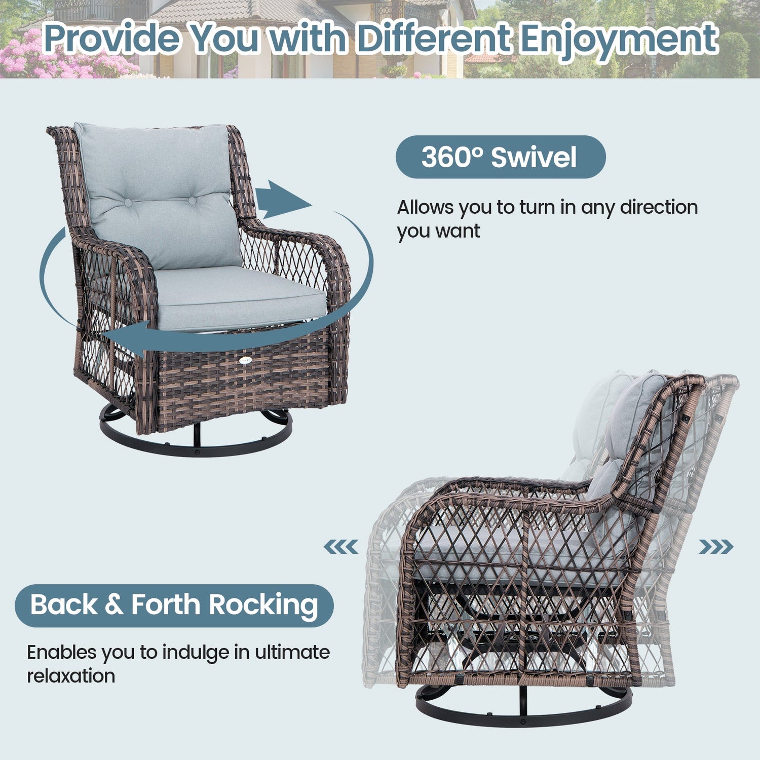 3 Pieces Outdoor Swivel Rocker Set with Small Side Table-Gray