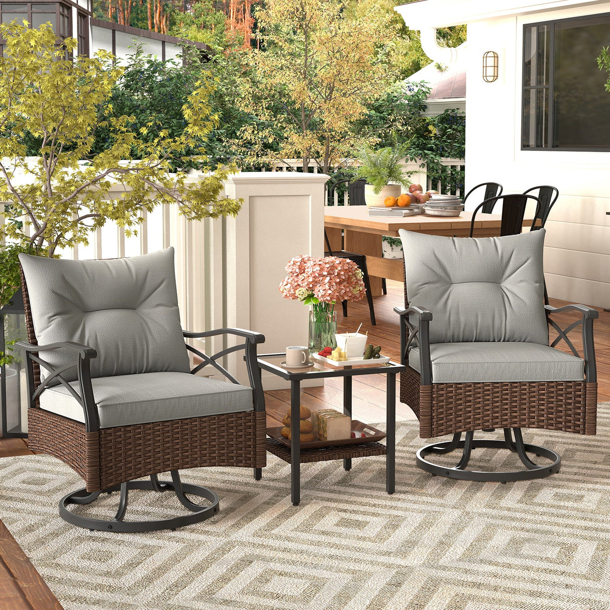 Juego de 3 Sillones Reclinables Giratorios para Exteriores con Mesa Auxiliar de Vidrio Templado de 2 Niveles-Marrón