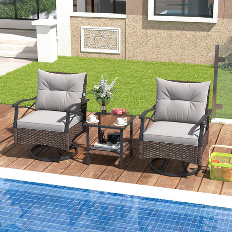 Juego de 3 Sillones Reclinables Giratorios para Exteriores con Mesa Auxiliar de Vidrio Templado de 2 Niveles-Marrón