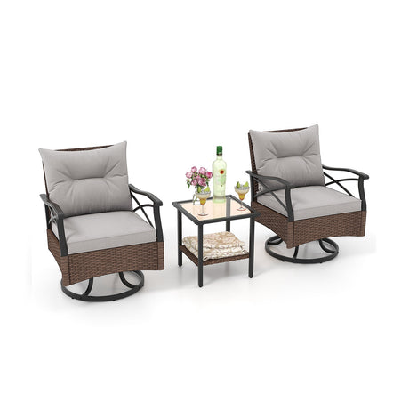 Juego de 3 Sillones Reclinables Giratorios para Exteriores con Mesa Auxiliar de Vidrio Templado de 2 Niveles-Marrón