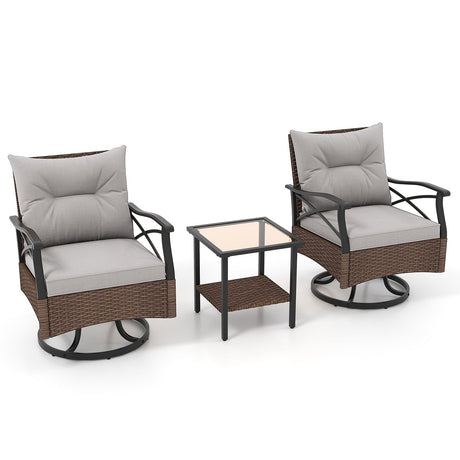 Juego de 3 Sillones Reclinables Giratorios para Exteriores con Mesa Auxiliar de Vidrio Templado de 2 Niveles-Marrón