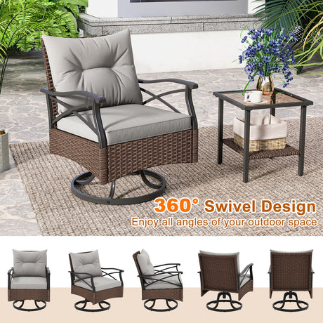 Juego de 3 Sillones Reclinables Giratorios para Exteriores con Mesa Auxiliar de Vidrio Templado de 2 Niveles-Marrón