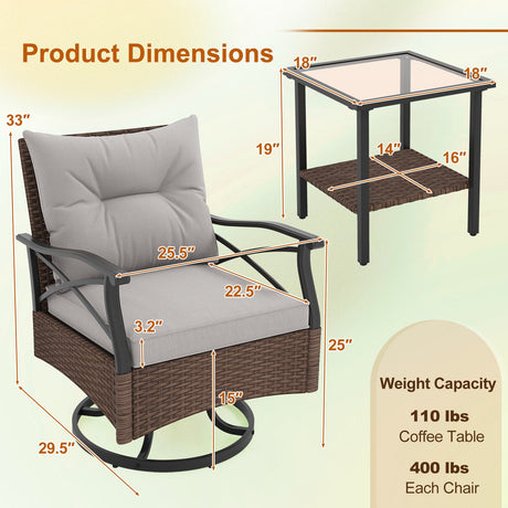 Juego de 3 Sillones Reclinables Giratorios para Exteriores con Mesa Auxiliar de Vidrio Templado de 2 Niveles-Marrón