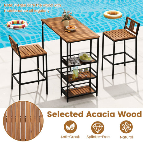 Juego de barra de madera para exterior de 3 piezas con estante de almacenamiento de 3 niveles y estructura metálica
