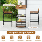 3 Pieces Outdoor Wood Bar Set with 3-Tier Storage Shelf and Metal Frame