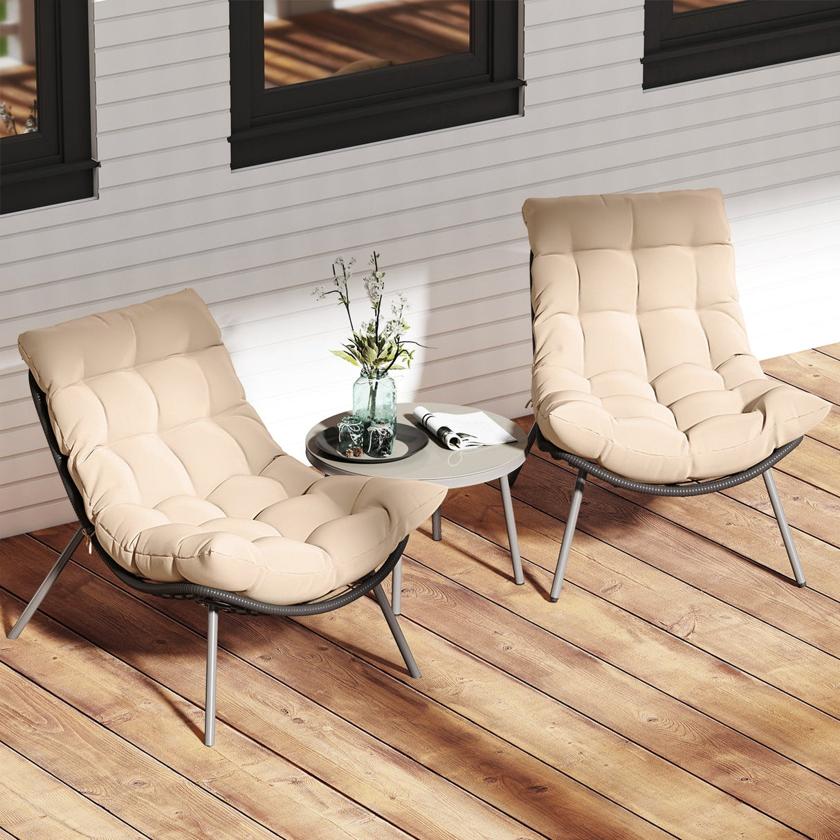 Juego de conversación de 3 piezas de ratán PE con sillas Papasan acolchadas - Beige